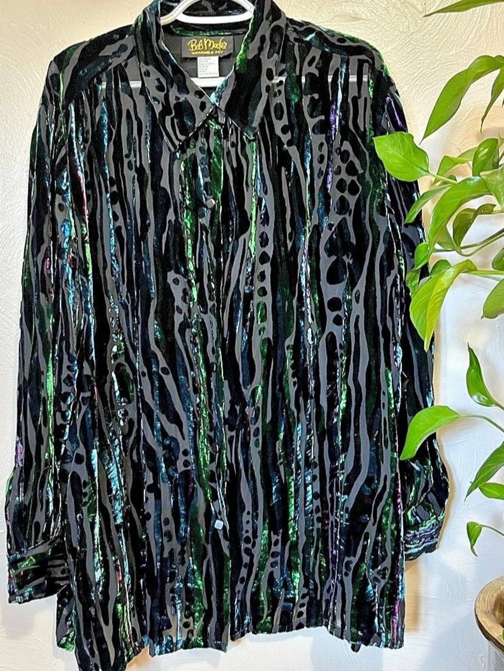 Bob Mackie Animal Print Button Down Black Green 2X Like New